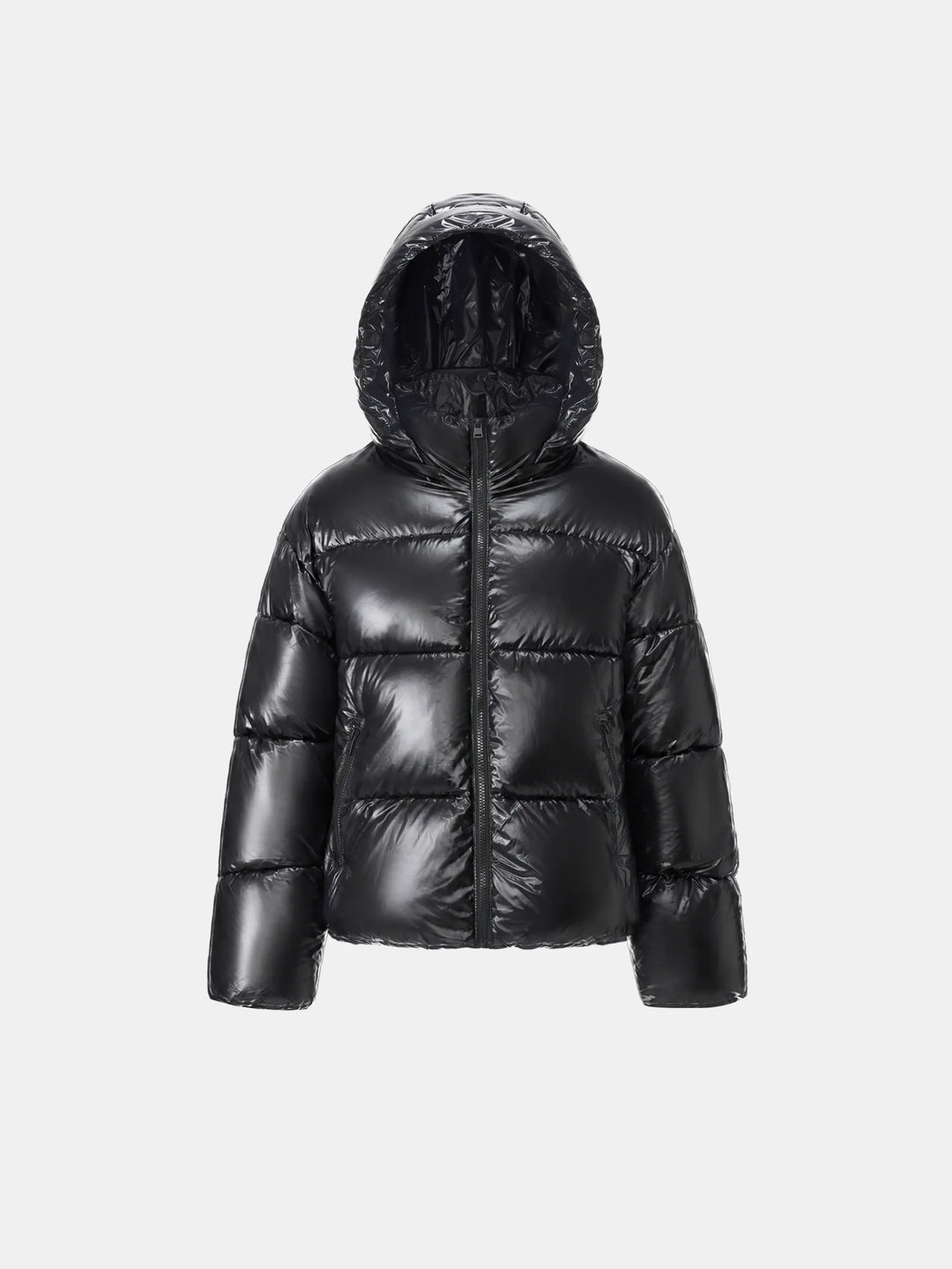 WarmCore™ Shiny Black Detachable Hooded Puffer Jacket