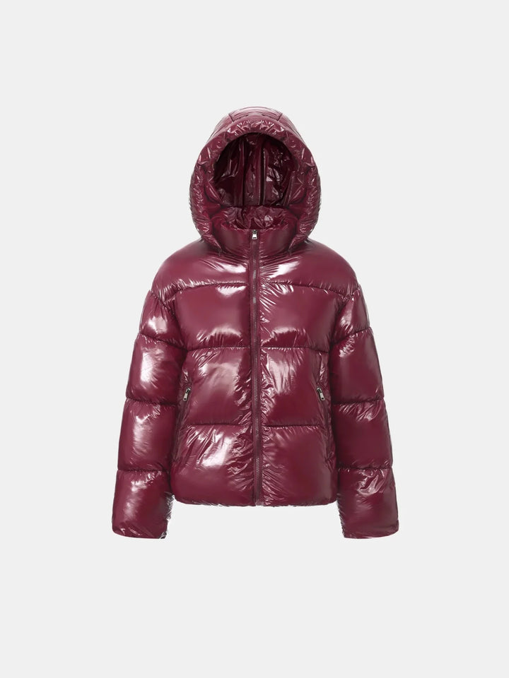 WarmCore™ Shiny Burgundy Detachable Hooded Puffer Jacket