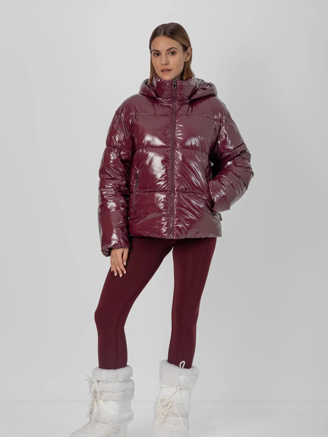 WarmCore™ Shiny Burgundy Detachable Hooded Puffer Jacket
