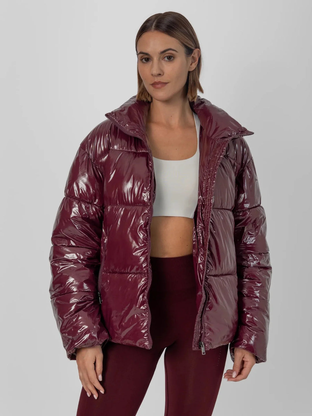 WarmCore™ Shiny Burgundy Detachable Hooded Puffer Jacket