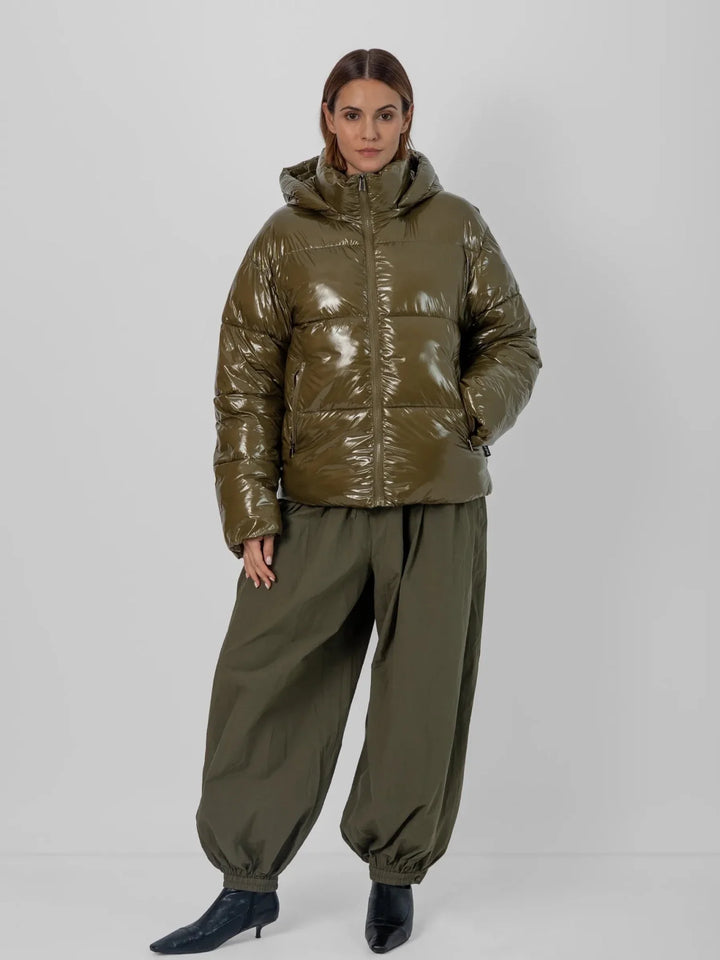 WarmCore™ Shiny Green Detachable Hooded Puffer Jacket