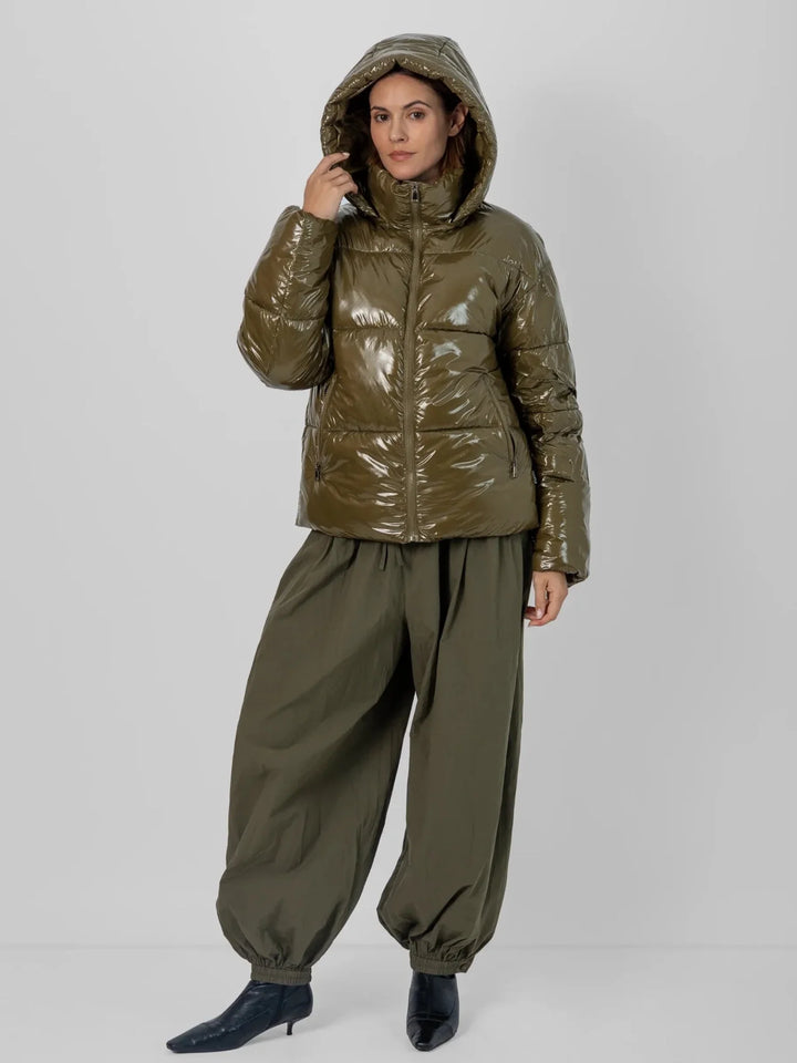 WarmCore™ Shiny Green Detachable Hooded Puffer Jacket