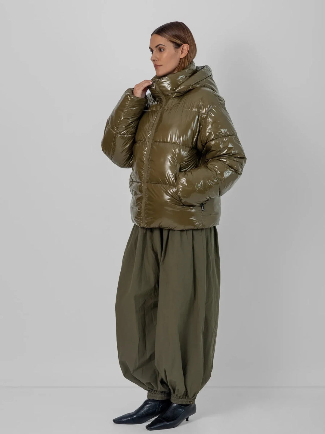 WarmCore™ Shiny Green Detachable Hooded Puffer Jacket
