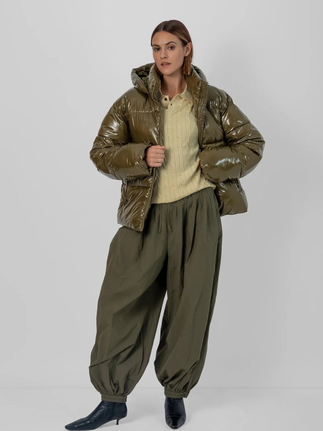 WarmCore™ Shiny Green Detachable Hooded Puffer Jacket