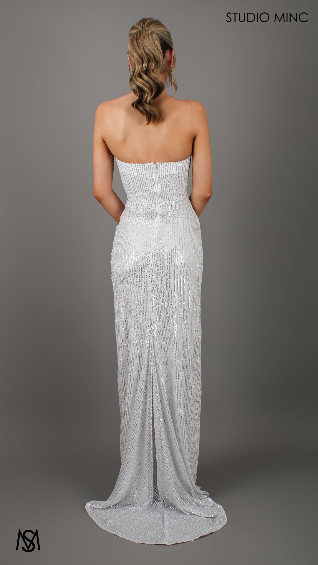 MUSE - White Sequin Formal Dress with Strapless Corset &amp; Leg Split