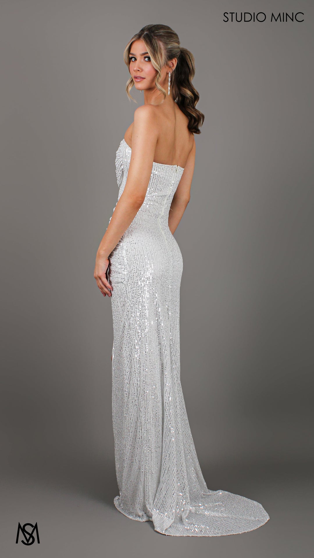 MUSE - White Sequin Formal Dress with Strapless Corset &amp; Leg Split