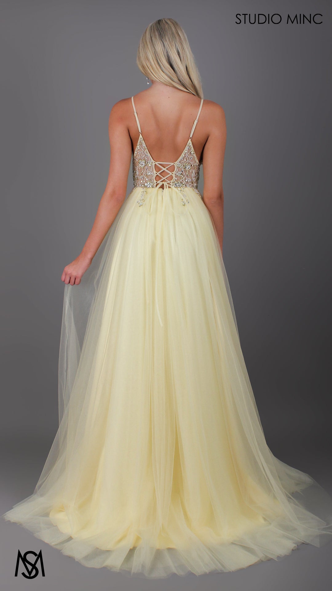 Lila - Light Yellow Formal dress | Sheer Beaded floral V neckline tulle gown