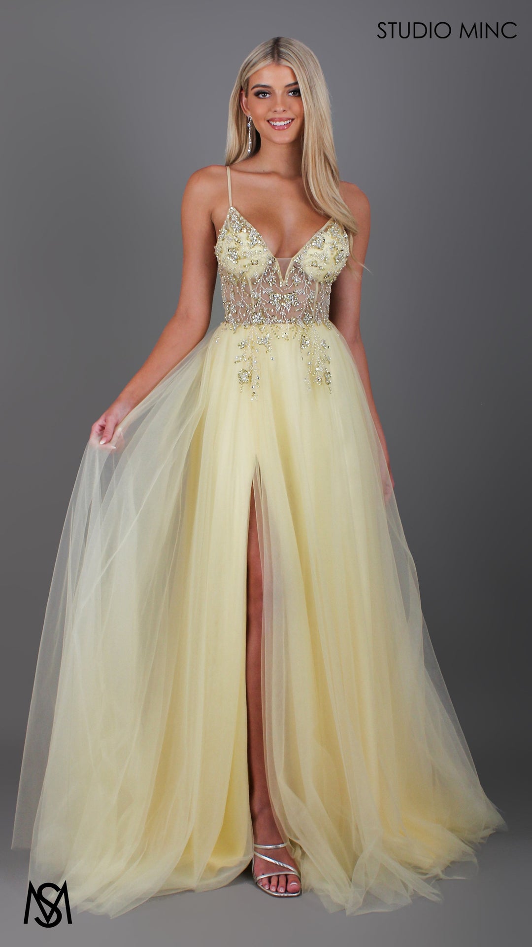Lila - Light Yellow Formal dress | Sheer Beaded floral V neckline tulle gown
