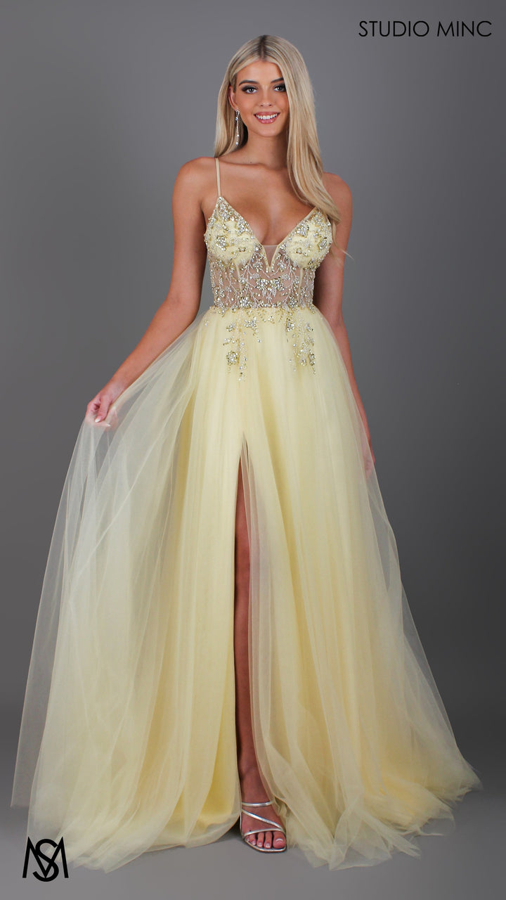 Lila - Light Yellow Formal dress | Sheer Beaded floral V neckline tulle gown