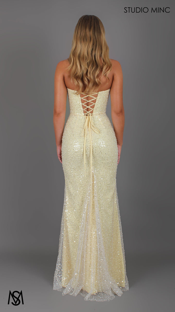 Merci - Butter Yellow Formal Dress, Strapless Corset Pearl and Sequin fitted leg slit