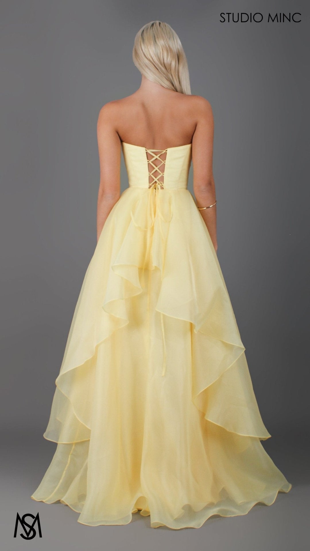 Monaco - Buttercup Yellow Formal Dress | Strapless Corset, organza layered handkerchief skirt, leg slit