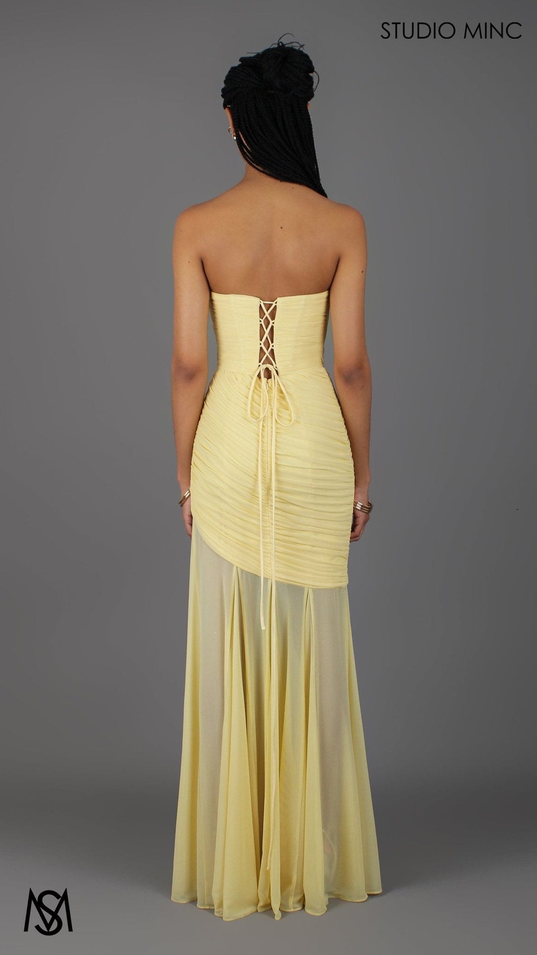 Paloma - Buttercup Yellow Formal Dress, Strapless Corset mermaid, Sheer net, with Scarf
