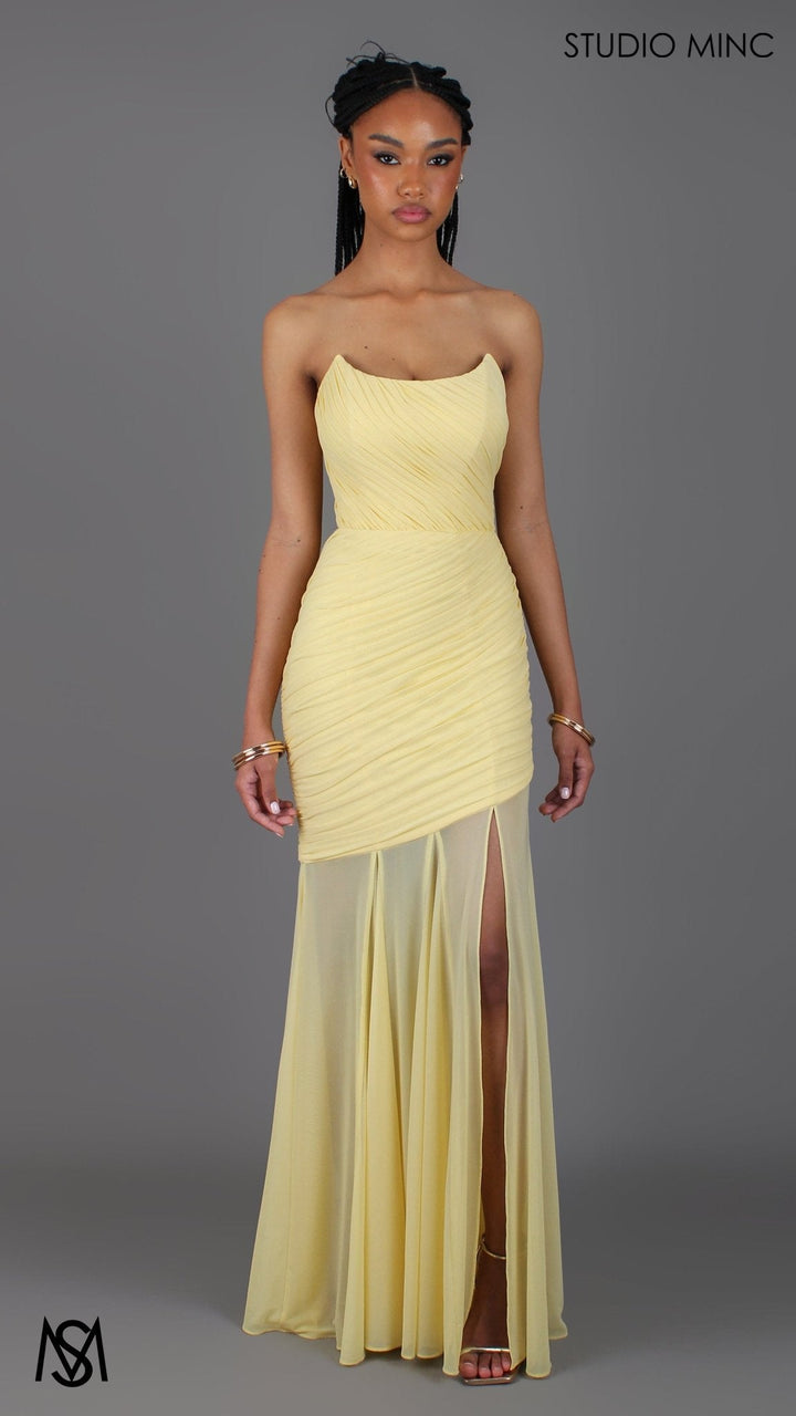 Paloma - Buttercup Yellow Formal Dress, Strapless Corset mermaid, Sheer net, with Scarf