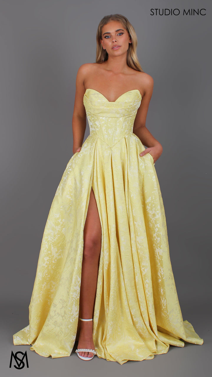 POSIE - Yellow Formal Dress, Strapless Basque waist Corset, Bra Cups, Satin embossed floral Gown