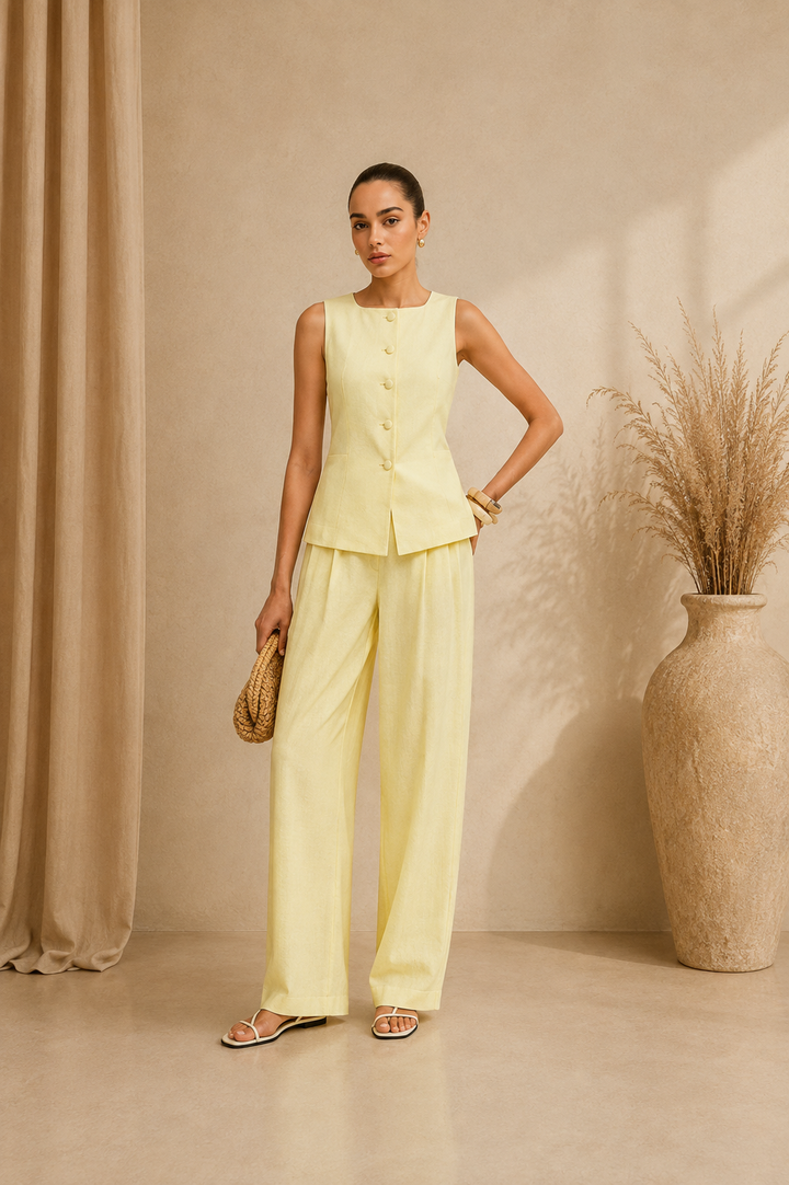 Cotton &amp; Linen Tie-Back Vest With Pockets Pants Set